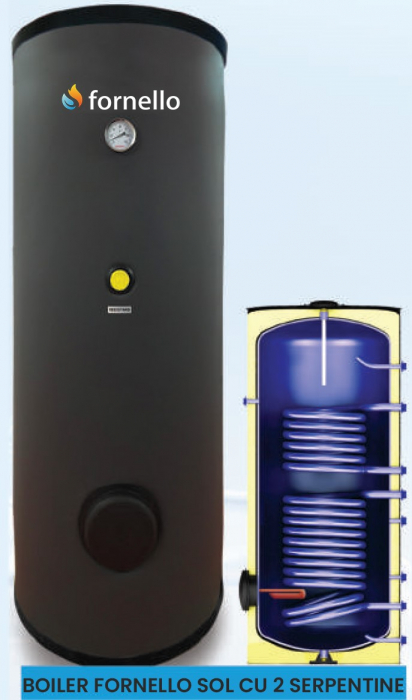 Boiler cu 2 serpentine FORNELLO SOL 300 LT 2S, pentru centrala termica si solar, montaj pe sol, izolatie termica, manta de protectie, flansa de vizitare [7]