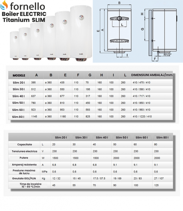 Boiler electric, 50 litri, emailat cu titan, reglaj extern de temperatura, 2000 w, Fornello Titanium Plus Slim [4]