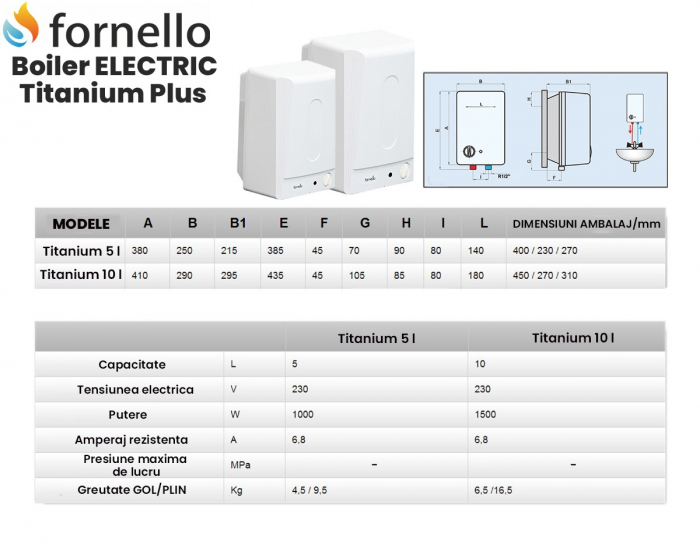 Boiler electric, 10 litri, montaj deasupra chiuvetei, reglaj extern de temperatura, 1500 w, Fornello Titanium Plus [3]