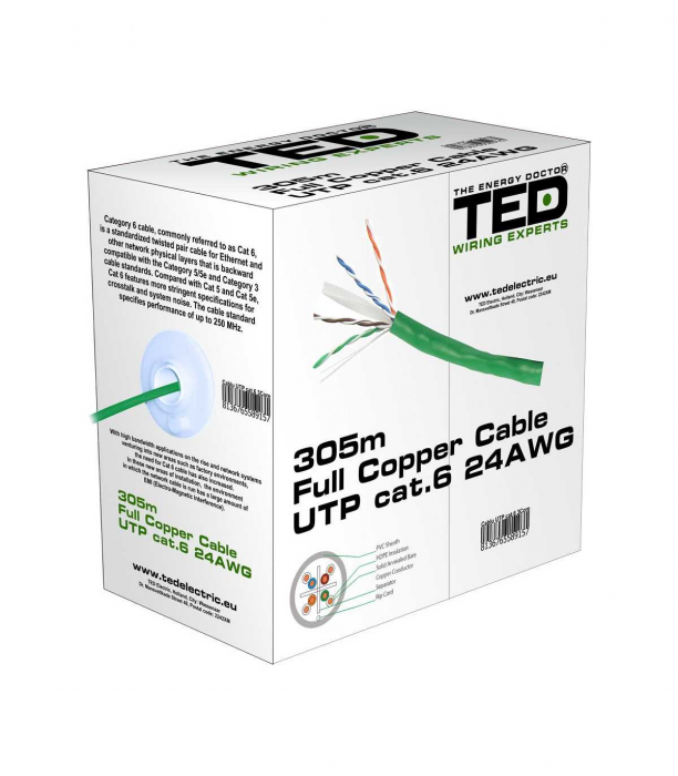 Cablu UTP Cat6, cupru integral 0.5 24AWG, culoare verde, cutie 305 m, TED Wire [2]