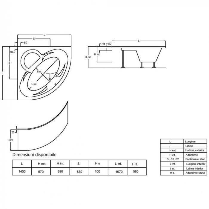 Cada de baie colt din acril, 1400 x 1400 x 410 mm, Fibrocom Apollo [4]