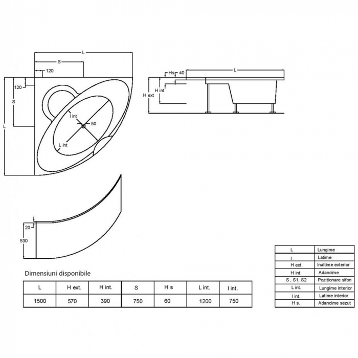 Cada de baie colt din acril, 1500 x 1500 x 410 mm, Fibrocom Palas [4]