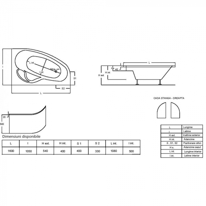 Cada de baie colt din acril, 1600 x 1050 x 400 mm, stanga, Fibrocom Ares [3]