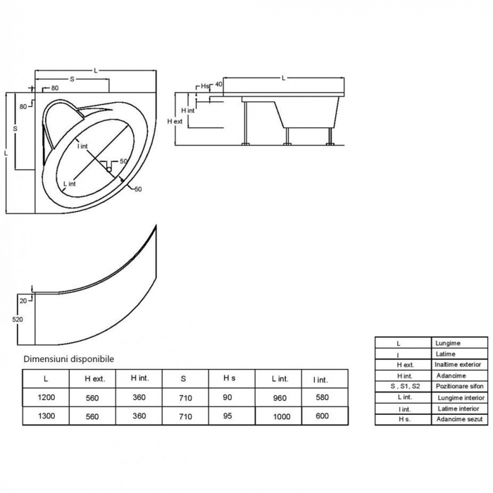 Cada de baie colt din acril, 1300 x 1300 x 410 mm, Fibrocom Gemini [3]