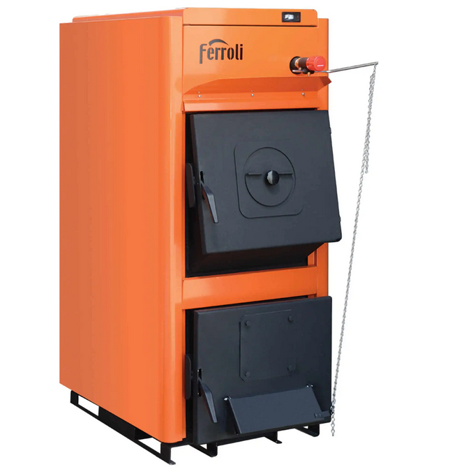 Cazan din otel pe lemne cu 3 drumuri de fum, echipat cu termometru, tavita cenusa si kit curatare Ferroli FSB PRO N 35kw [1]