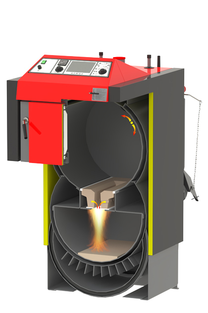 Cazan pe lemne Atmos, din otel cu gazeificare, model DC70S 70 kw dotat cu ventilator de aer insuflat si serpentina de racire [3]