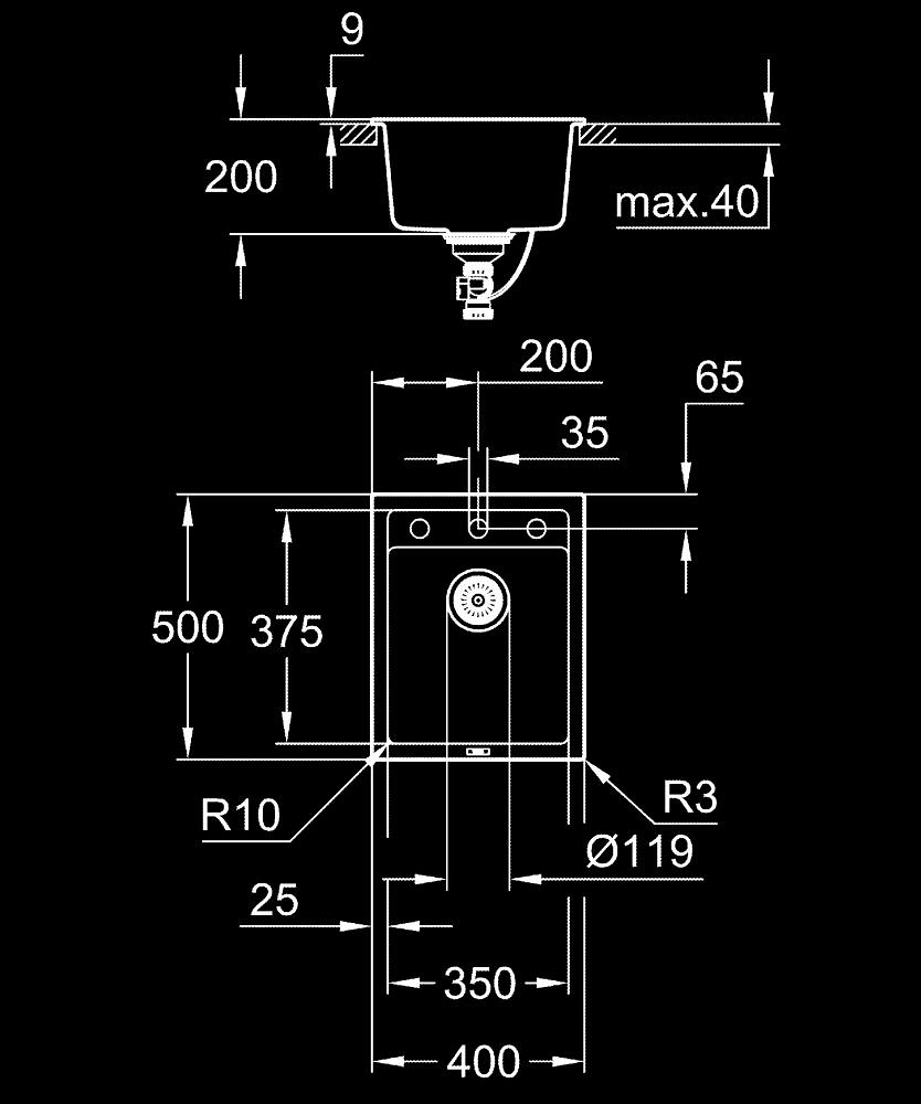 Chiuveta bucatarie Grohe Granite, K700, 400 x 500 mm, montare pe blat, evacuare automata, kit montaj si evacuare, negru [3]