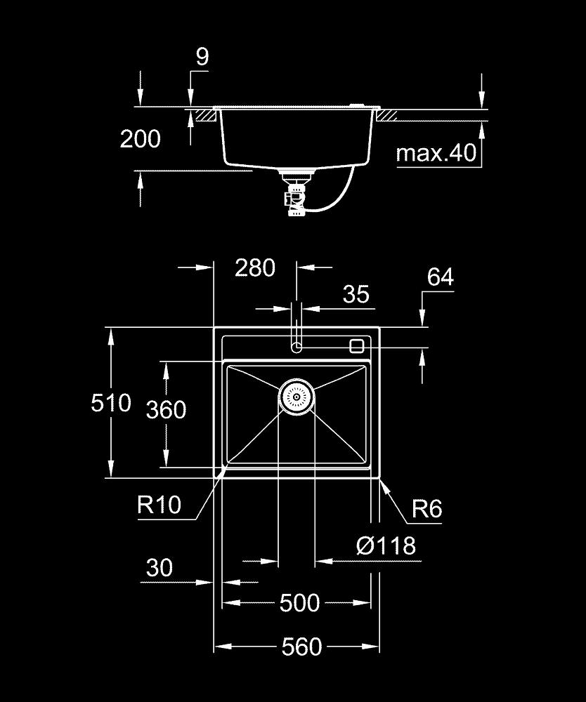 Chiuveta bucatarie Grohe Granite, K700, 560 x 510 mm, montare pe blat, evacuare automata, kit montaj si evacuare, negru [3]