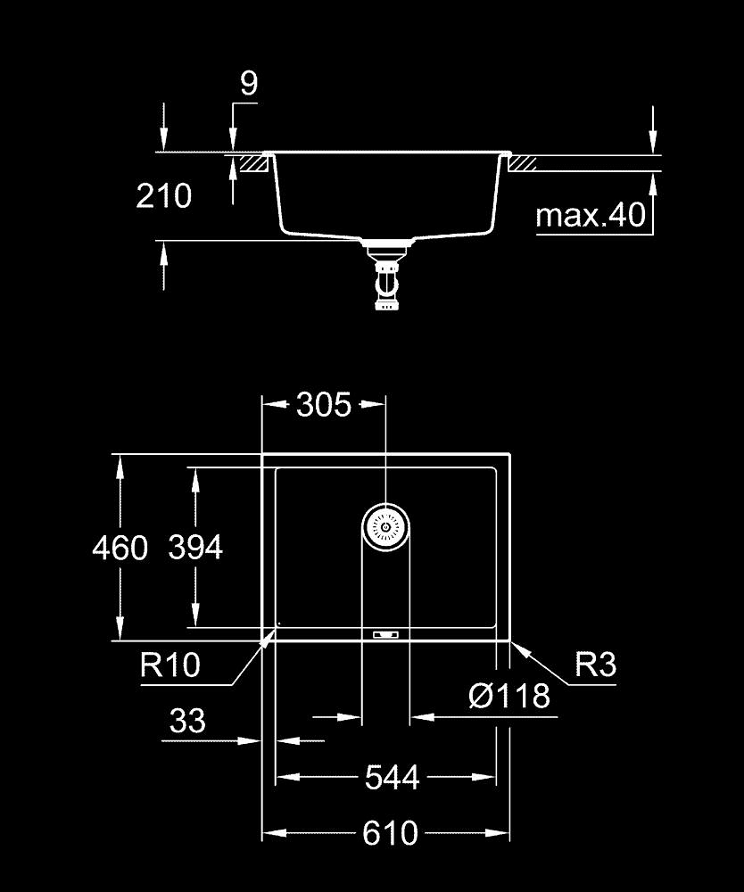 Chiuveta bucatarie Grohe Granite, K700 sub blat, 610 x 460 mm, montare pe/sub blat, evacuare manuala, kit montaj si evacuare, negru [3]