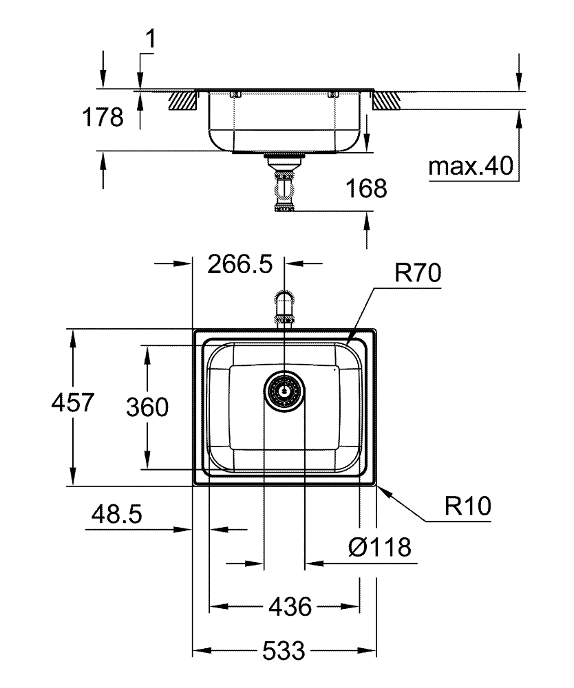 Chiuveta bucatarie Grohe inox K200, 533 x 458 mm, o cuva, montare pe blat, sistem de scurgere, inox satinat, crom [3]