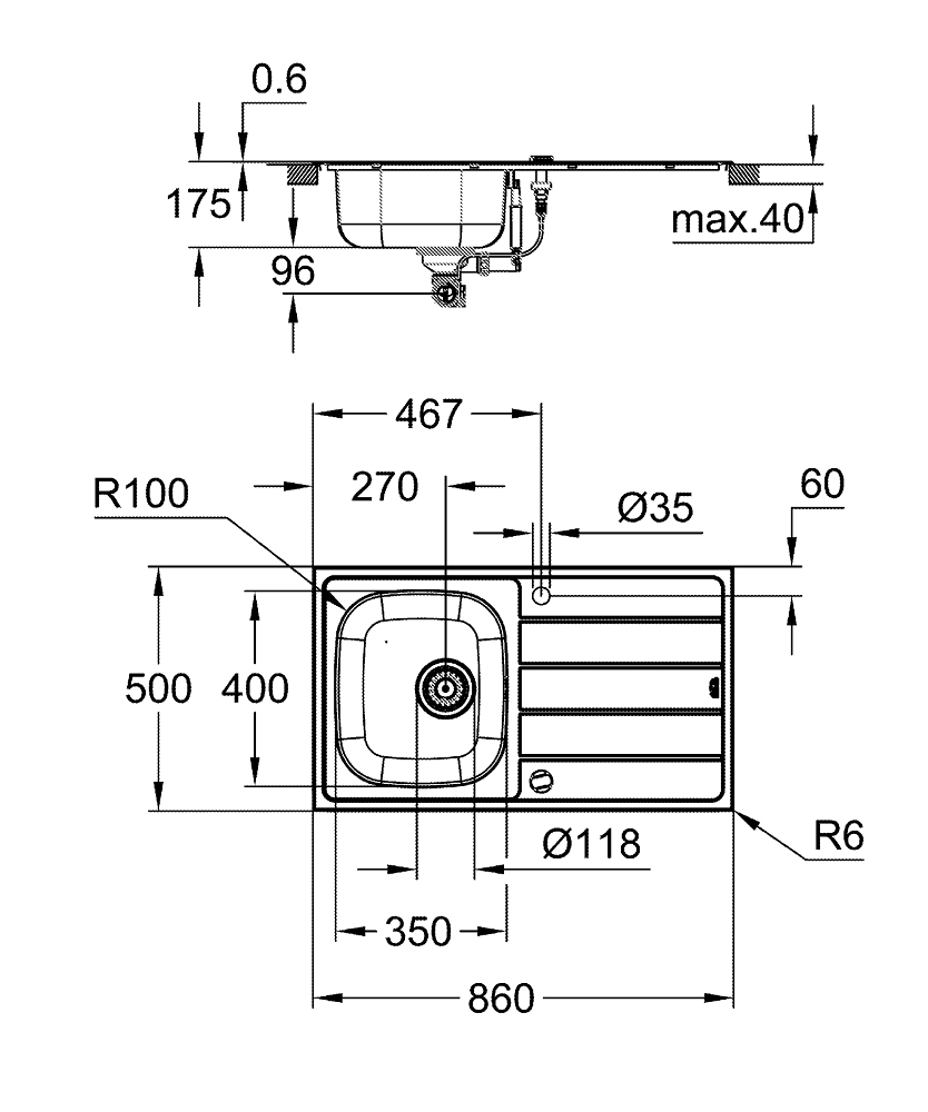 Chiuveta bucatarie Grohe K200 picurator, 1 cuva, reversibila, montare pe blat, evacuare automata, kit montaj si evacuare, inox satinat, crom [5]
