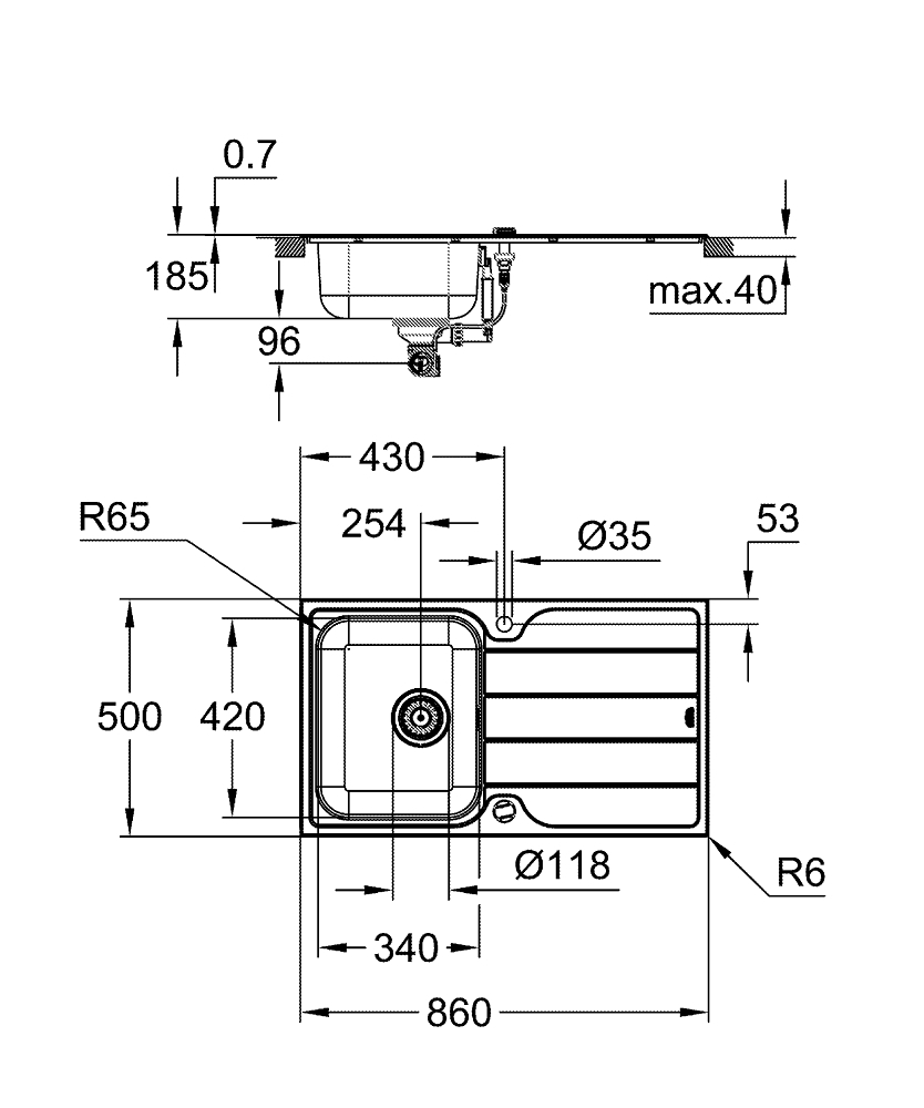 Chiuveta bucatarie Grohe K500 inox, picurator, 1 cuva, reversibila, montare pe blat, evacuare automata, kit montaj si evacuare, inox satinat, crom [4]
