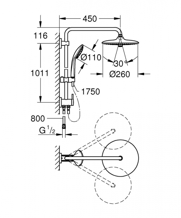 Sistem de dus 9.5 l/min 3 functii diverter suport ajustabil si furtun inclus crom Grohe Euphoria 260 [9]