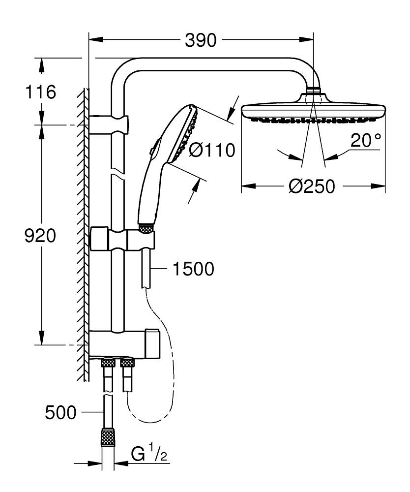 Coloana de dus Grohe Tempesta System 250 sistem de dus cu divertor, dus fix, para de dus, crom [6]