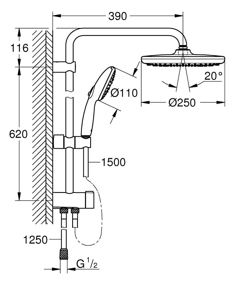 Coloana de dus Grohe Tempesta 250 bara dus 390 mm, termostat, ajustabil para de dus, crom [6]