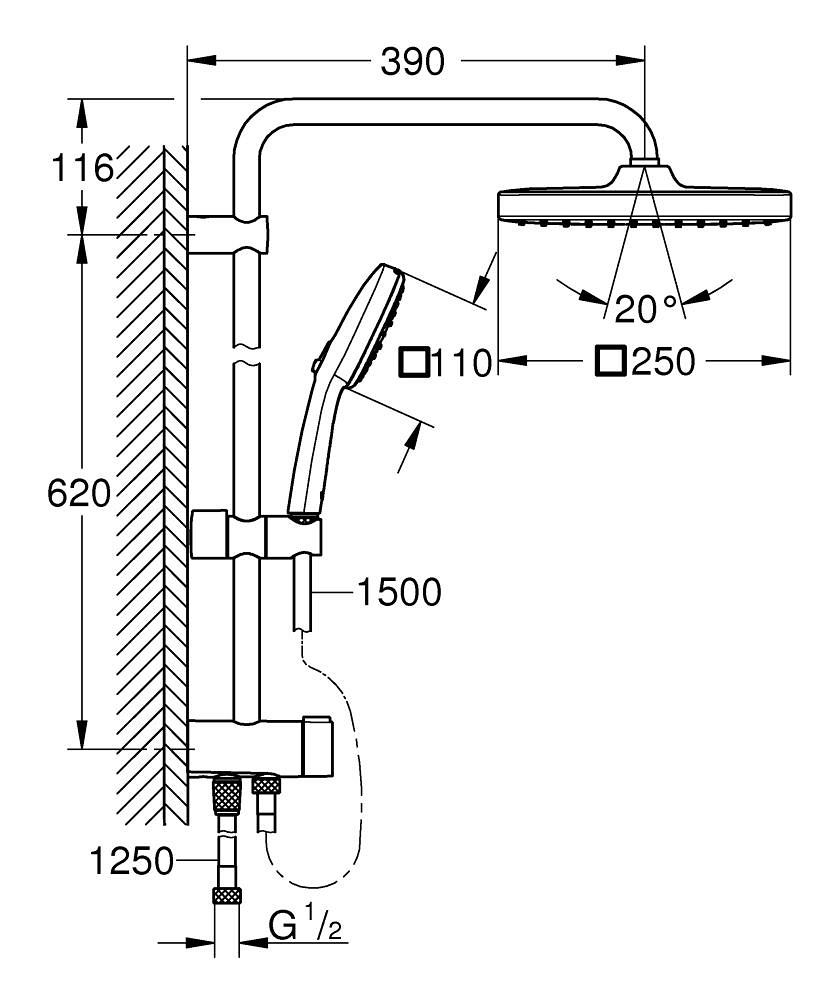 Coloana de dus Grohe Tempesta Cube 250 bara dus 390 mm, dus fix, para de dus, diverter, crom [6]
