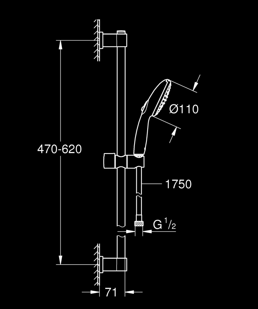 Coloana de dus Grohe Vitalio comfort 110 II rail set 600 9, 5, universala, 600 mm, dus de mana, furtun de dus, ajustabil, 2 jeturi, negru mat [3]