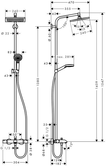 Coloana de dus Hansgrohe Crometta E240 1 jet cu baterie de cada termostatata crom [2]