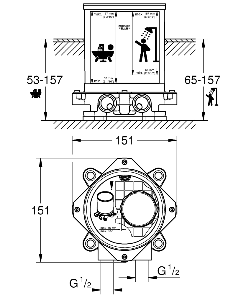 Corp incastrat Grohe installation set f. floor mtd, pentru baterii de cada cu fixare pe podea, ajustare, elemente fixare, montaj in pardosea, negru [5]