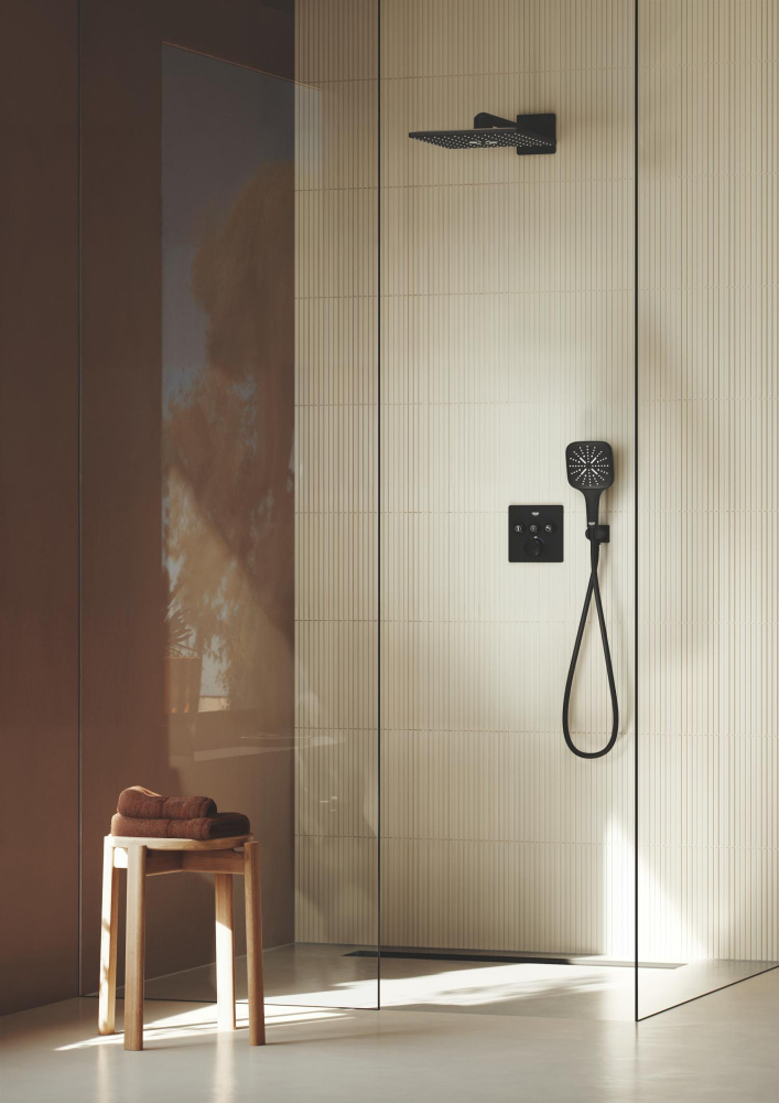 Cot de iesire Grohe Rainshower dus cu suport, ornament patrat, montare pe perete, universal, filet tata, suport integrat, negru mat [8]