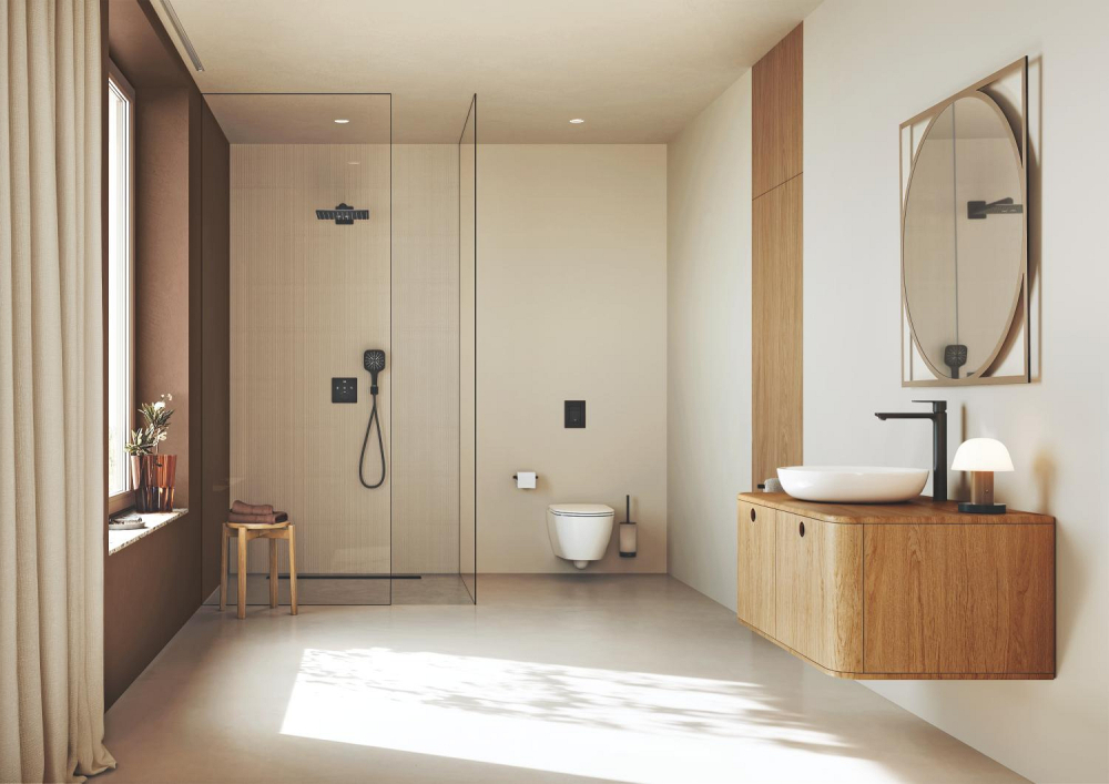 Cot de iesire Grohe Rainshower dus cu suport, ornament patrat, montare pe perete, universal, filet tata, suport integrat, negru mat [6]