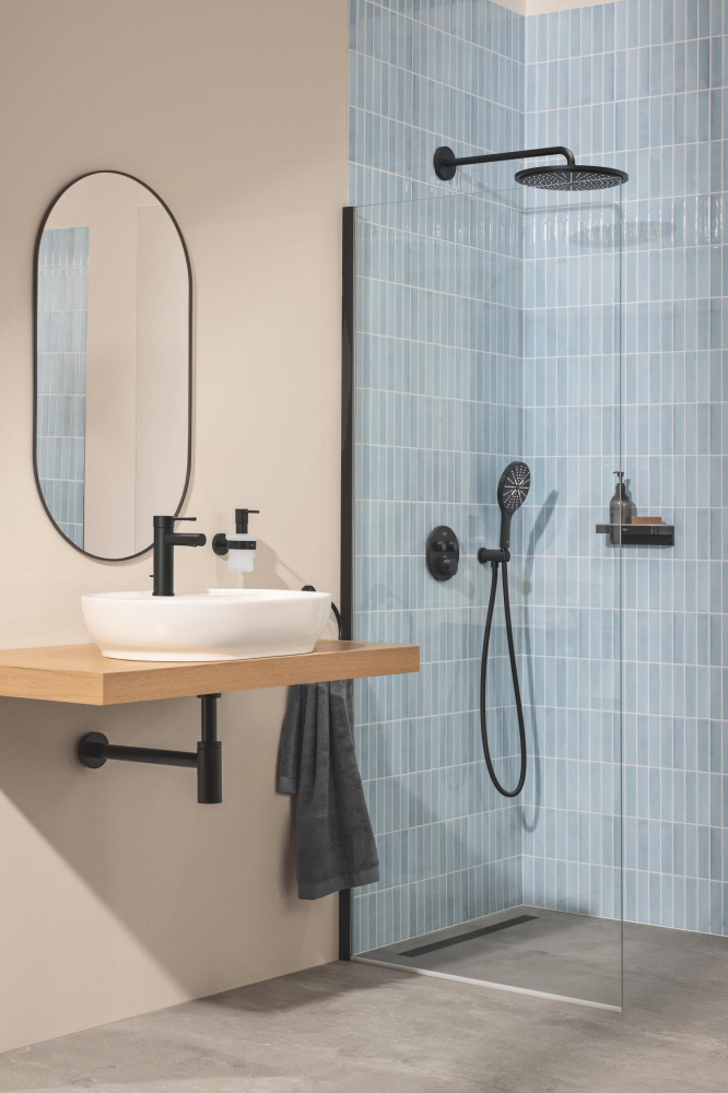 Cot de iesire Grohe Rainshower dus cu suport, ornament rotund, montare pe perete, universal, filet tata, suport integrat, negru mat [9]