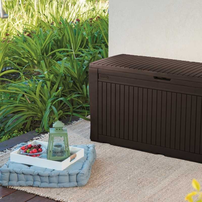 Cutie pentru depozitare gradina pentru unelte si jucarii capac material plastic rezistent UV maro Keter Comfy 270L manere imitatie lemn [2]