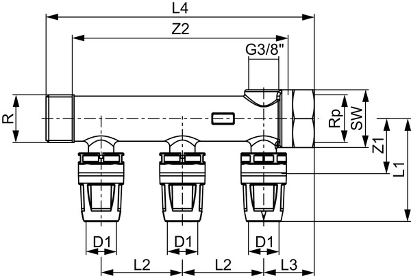 Distribuitor TECElogo-Push din PPSU/alama standard 3 cai x Ø 16mm x 3/4" [2]