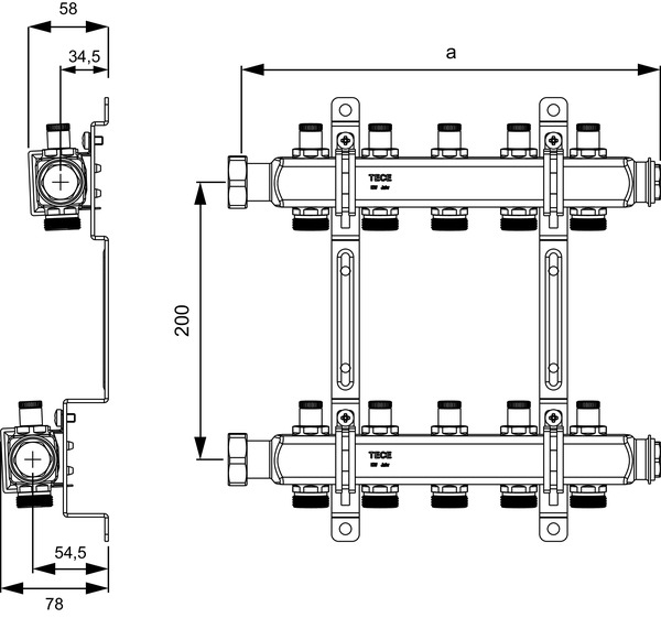 Distribuitor TECEflex rectangular,inox, cu robinet izolare si sistem prindere, 11 cai, 1'' x eurocon 3/4 [2]