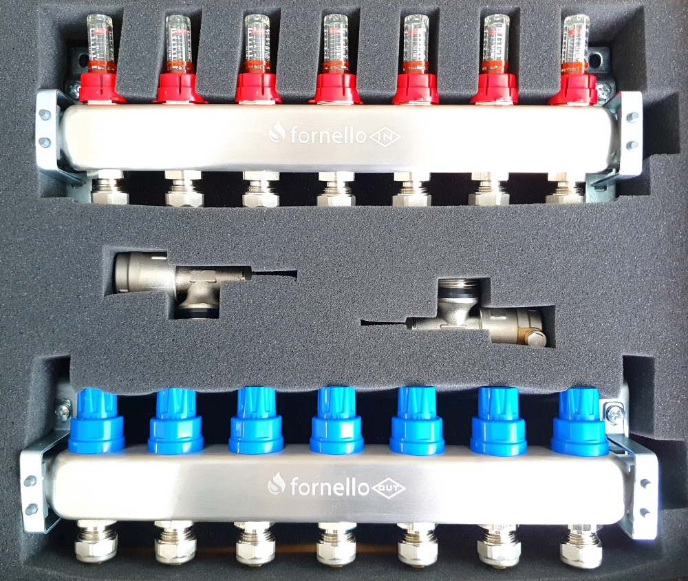 Distribuitor-Colector Fornello, echipat cu debitmetre, robineti si aerisitoare, inox, filet interior, 8 cai, 1 tol [5]