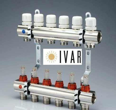 Set distribuitor/colector IVAR din ALAMA BARA 1" X 3/4 EK cu 4 circuite cu robineti si debitmetru [3]