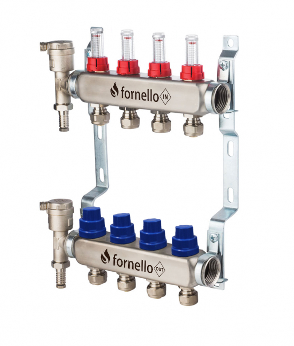 Distribuitor-Colector Fornello, echipat cu debitmetre, robineti si aerisitoare, inox, filet interior, 4 cai, 1 tol [4]