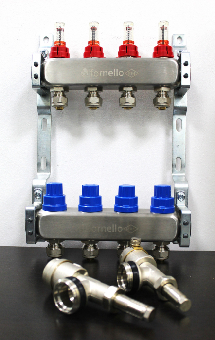 Distribuitor-Colector Fornello, echipat cu debitmetre, robineti si aerisitoare, inox, filet interior, 4 cai, 1 tol [6]