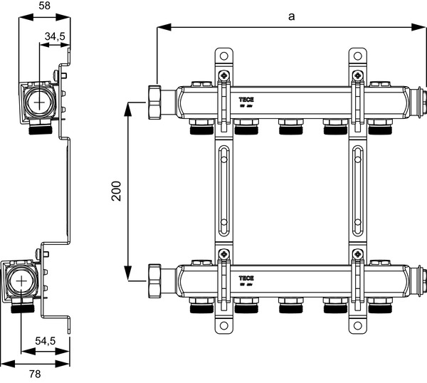 Distribuitor TECEflex rectangular,inox, fara robinet izolare, cu sistem prindere, 5 cai, 1''x eurocon 3/4 [2]