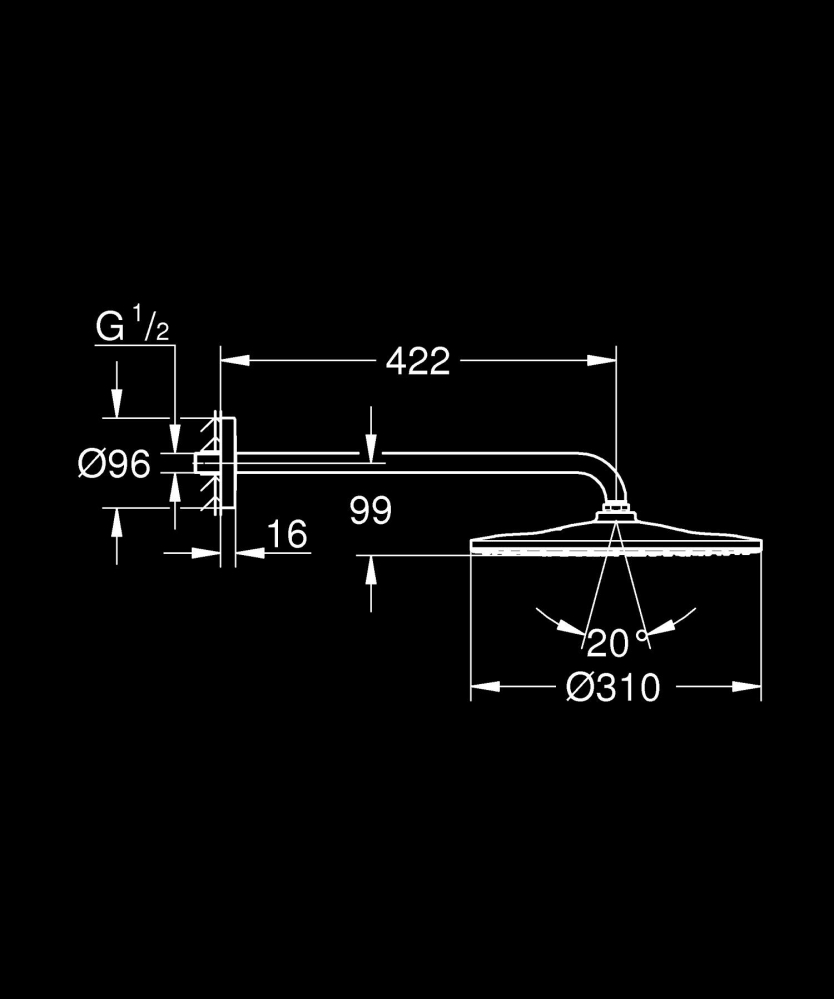 Dus fix Grohe Rainshower 310 Mono palarie de dus set 422 mm 9, 5 l, montare pe perete, rotund, 1 jet, brat 422 mm, sistem anti-calcar, auriu lucios [2]