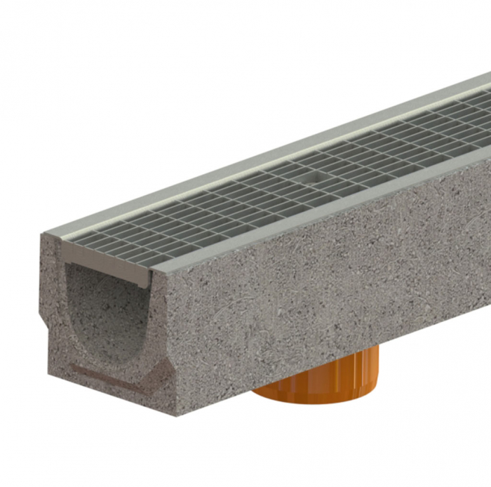 Kit rigola din fibrobeton seria model BASE, LN100 Hext.125 gratar otel zincat grila B125 iesire verticala 1000x140x125 - Vodaland gama Drain [1]