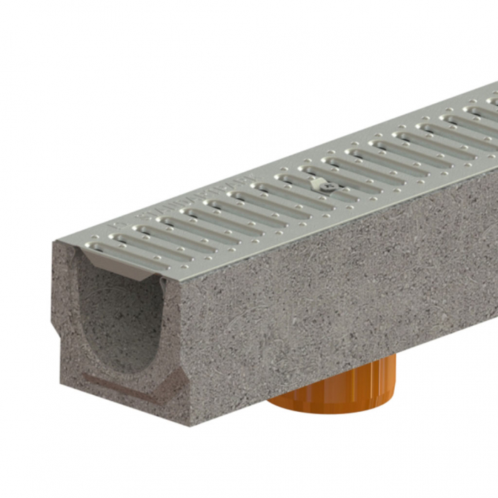 Kit rigola din fibrobeton seria model BASE, LN100 Hext.130 gratar otel zincat A15 iesire verticala 1000x140x130 - Vodaland gama Drain [1]