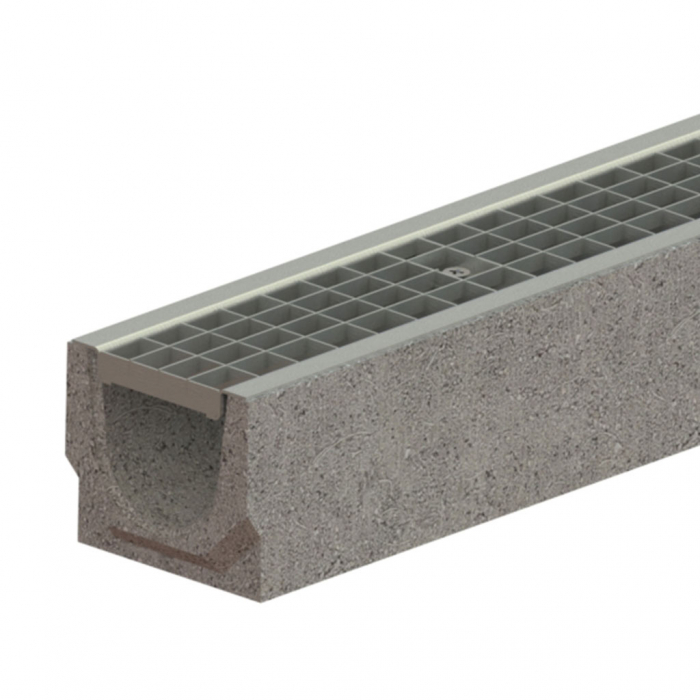 Kit rigola din fibrobeton seria model BASE, LN100 Hext.130 gratar otel zincat B125 1000x140x130 - Vodaland gama Drain [1]