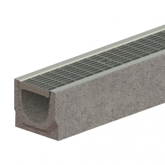 Kit rigola din fibrobeton seria model BASE, LN100 Hext.125 gratar otel zincat grila antitoc B125 1000x140x125 - Vodaland gama Drain [1]