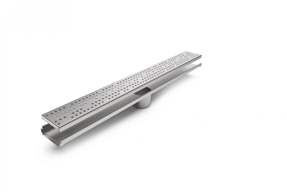 Kit Rigola din INOX STAINLESS dus/balcon cu panta LN110 H20-22.5 gratar din INOX L15 iesire verticala mijloc DN110 1000x120x22.5 - Vodaland gama Drain [1]