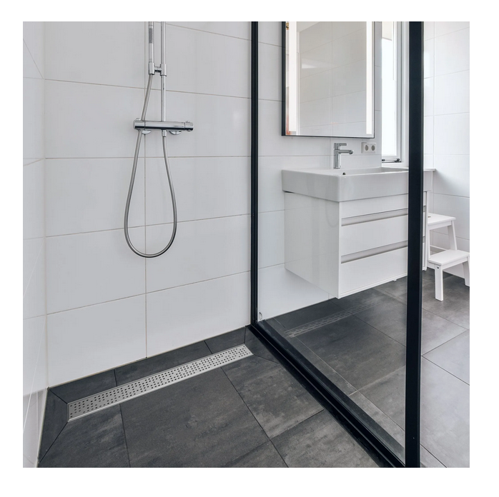 Kit Rigola din INOX STAINLESS dus/balcon cu panta LN110 H20-22.5 gratar din INOX L15 iesire verticala mijloc DN110 1000x120x22.5 - Vodaland gama Drain [5]