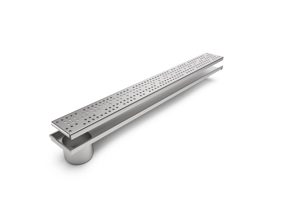 Kit Rigola din INOX STAINLESS dus/balcon cu panta LN110 H22.5-25 gratar din INOX L15 iesire verticala capat DN110 1000x120x25 - Vodaland gama Drain [1]