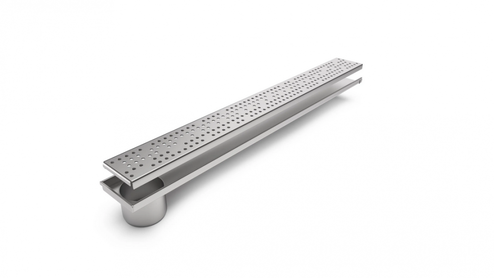 Kit Rigola din INOX STAINLESS dus/balcon cu panta LN110 H22.5-25 gratar din INOX L15 iesire verticala capat DN50 1000x120x25 - Vodaland gama Drain [1]