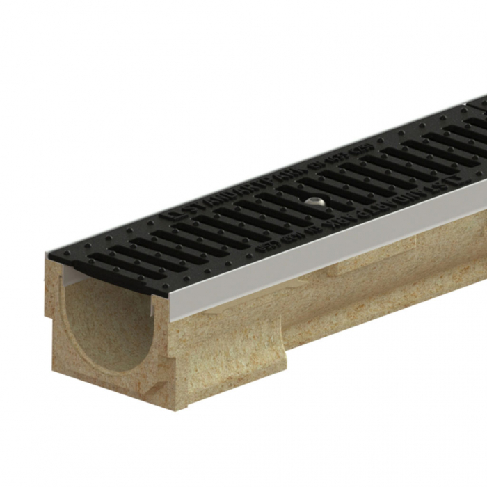Kit rigola din polimerbeton seria model BASE, LN100 Hext.107 gratar din fonta clasica muchii otel zincat C250 1000x138x107 - Vodaland gama Drain [1]