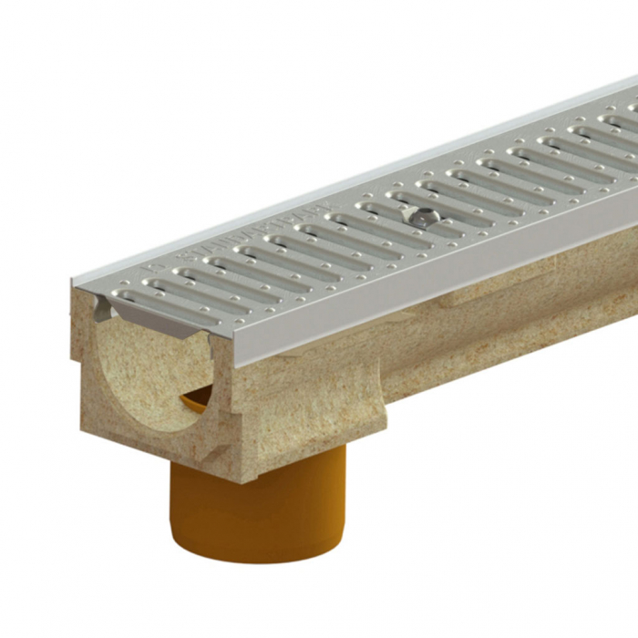 Kit rigola din polimerbeton seria model BASE, LN100 Hext.107 gratar otel zincat A15 muchii otel zincat iesire verticala D.110 1000x138x107 - Vodaland gama Drain [1]