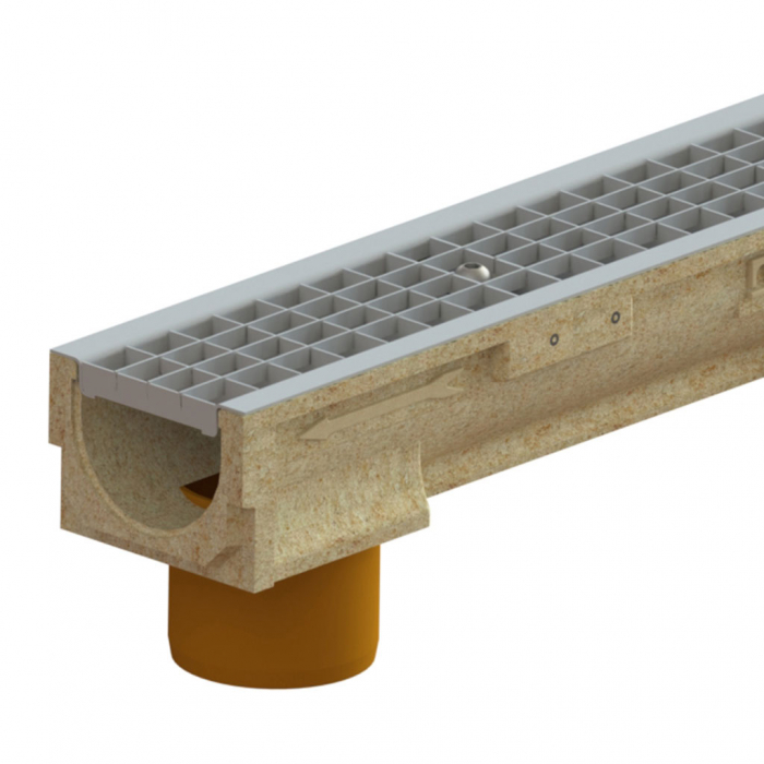 Kit rigola din polimerbeton seria model BASE, LN100 Hext.107 gratar otel zincat grila B125 muchii otel zincat iesire verticala D.110 1000x138x107 - Vodaland gama Drain [1]