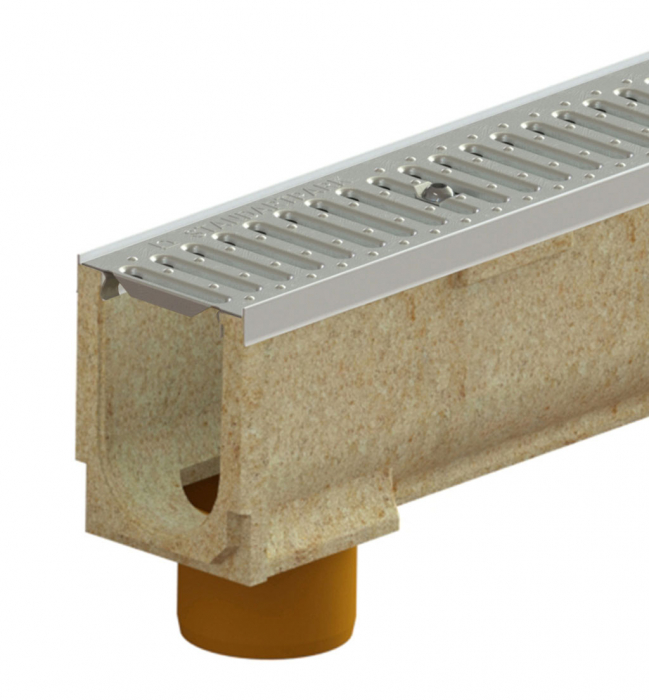 Kit rigola din polimerbeton seria model BASE, LN100 Hext.187 gratar otel zincat A15 muchii otel zincat iesire verticala D.110 1000x138x187 - Vodaland gama Drain [1]