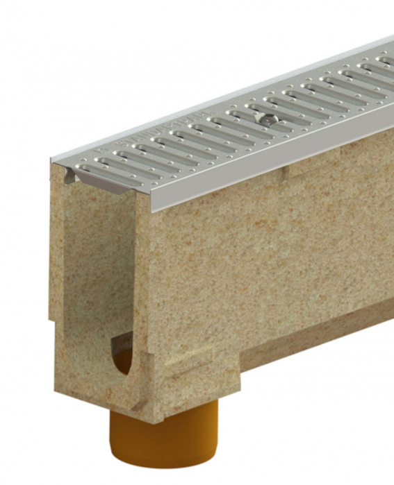 Kit rigola din polimerbeton seria model BASE, LN100 Hext.257 gratar otel zincat A15 muchii otel zincat iesire verticala D.110 1000x138x257 - Vodaland gama Drain [1]