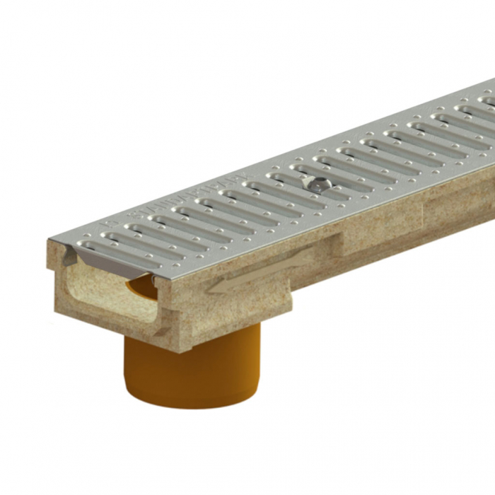Kit rigola din polimerbeton seria model BASE, LN100 Hext.62 gratar otel zincat A15 iesire verticala D.110 1000x138x62 - Vodaland gama Drain [1]