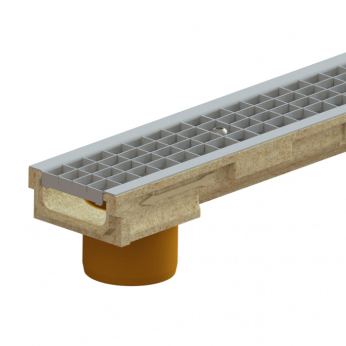 Kit rigola din polimerbeton seria model BASE, LN100 Hext.62 gratar otel zincat grila B125 iesire verticala D.110 1000x138x62 - Vodaland gama Drain [1]